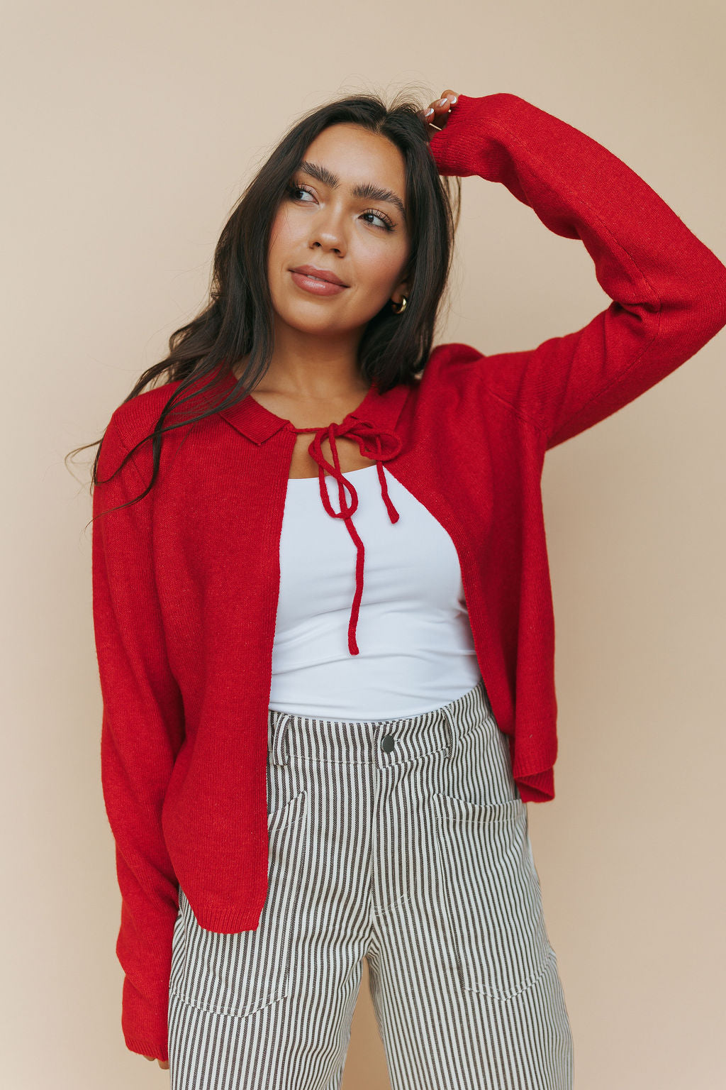 Kat Bow Tie Open Cardigan in Red