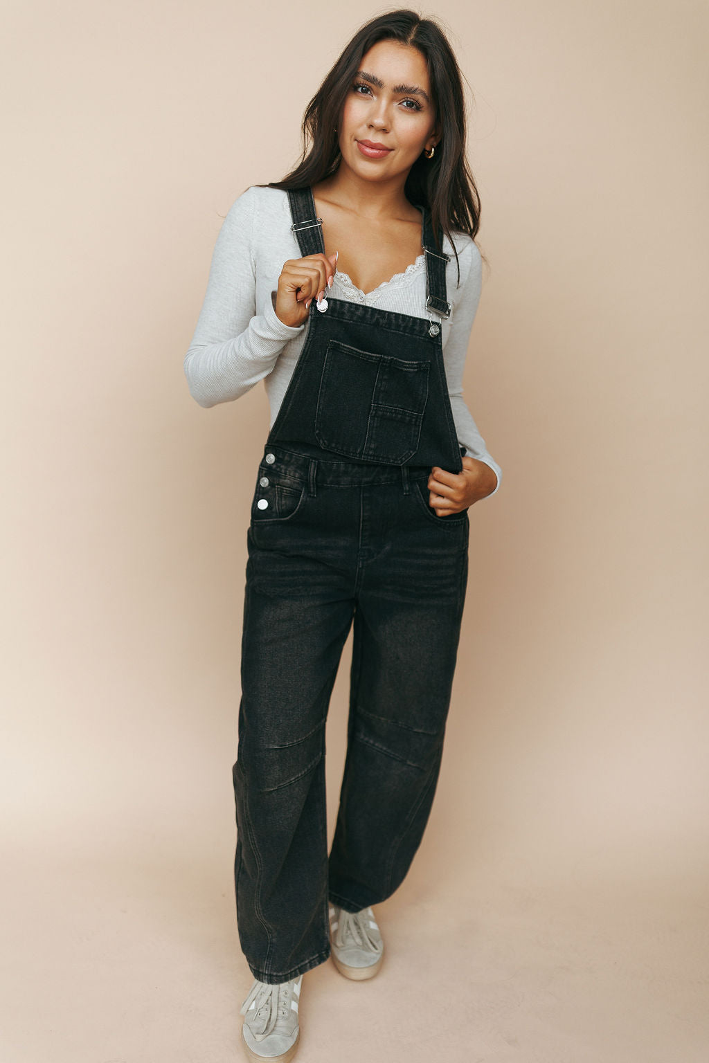 Carly Denim Barrel Overalls in Black Main image