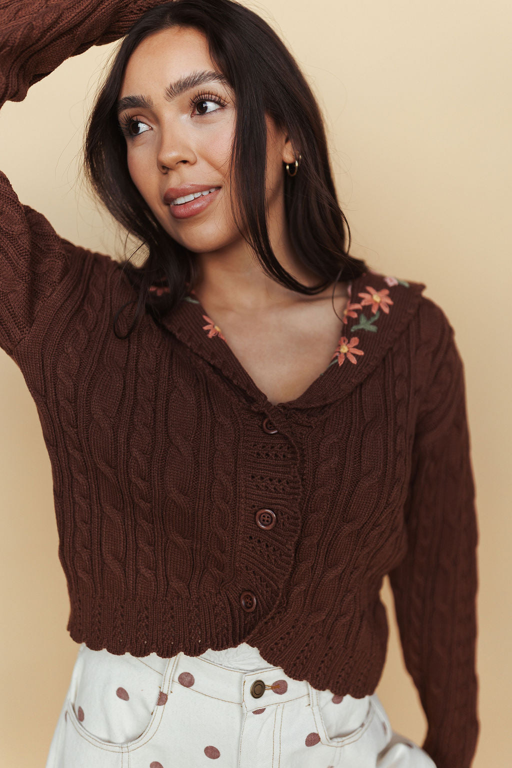 Heather Embroidered Cardigan in Mocha