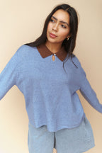 Colbie Polo Sweater in Dusty Blue