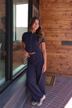 Cotton Knit Scallop Top in Navy