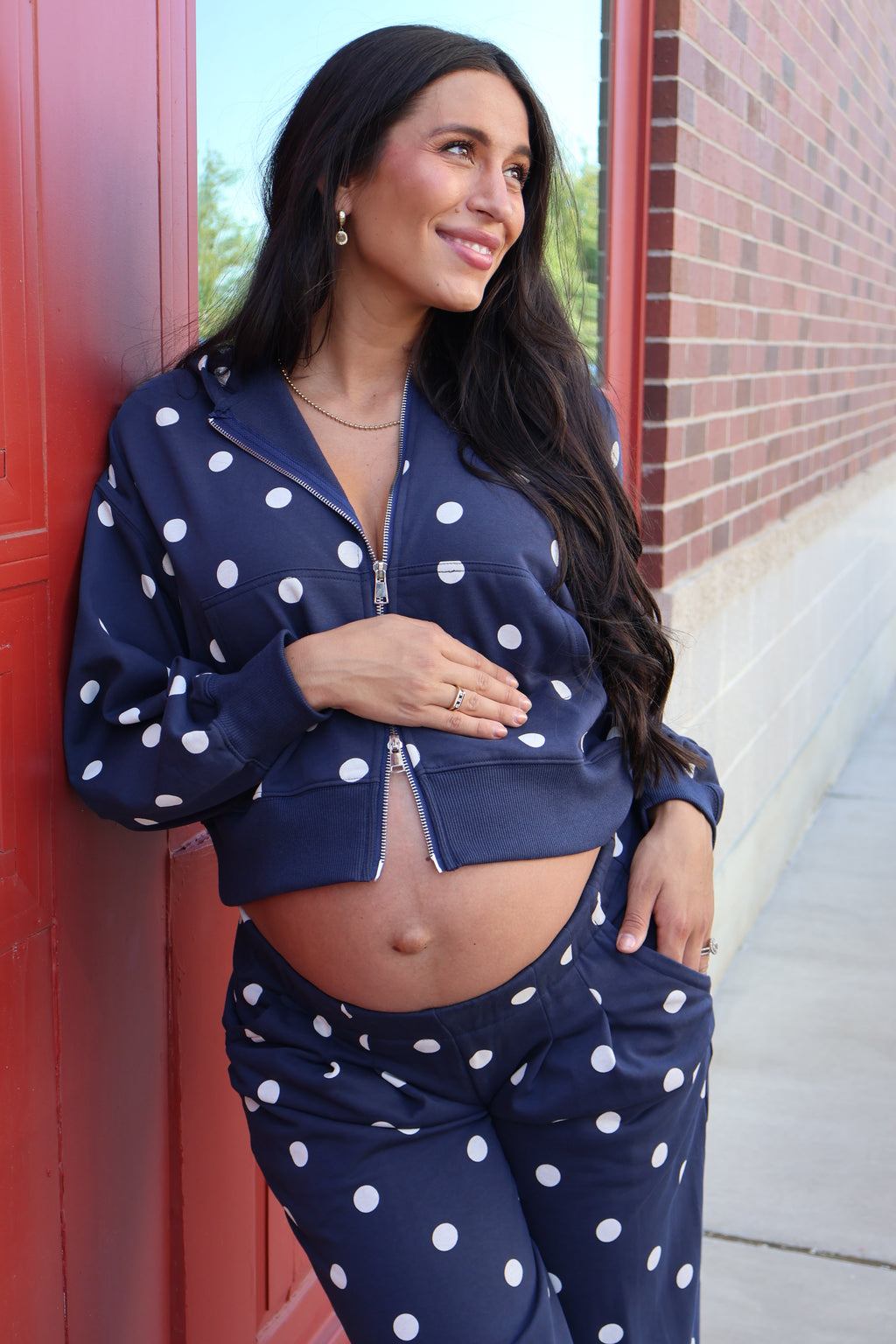 Polka Dot Zip Up Hoodie In Navy