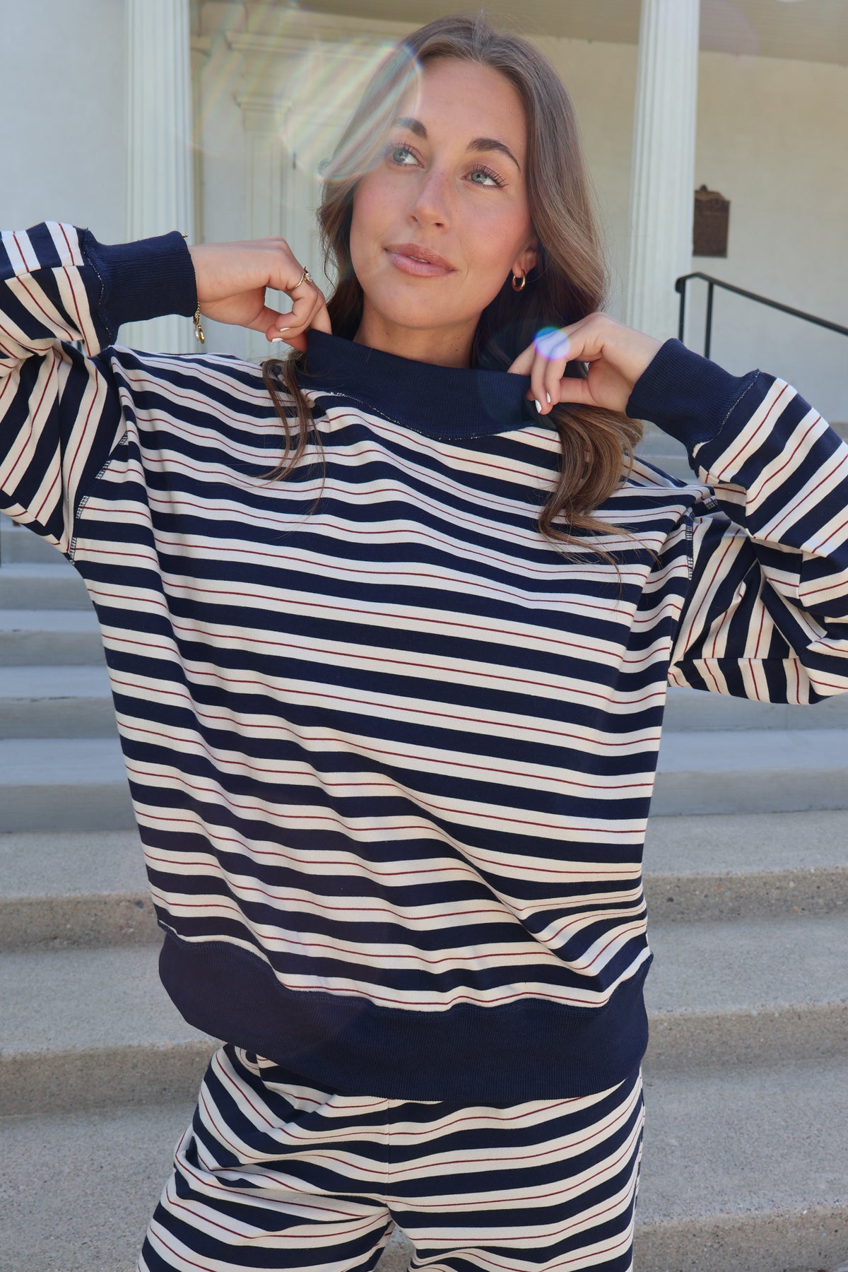 Bennett Stripe Mock Neck Pullover in Navy Main image