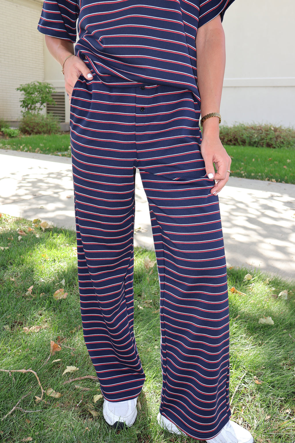 Terry Stripe Pants in Navy