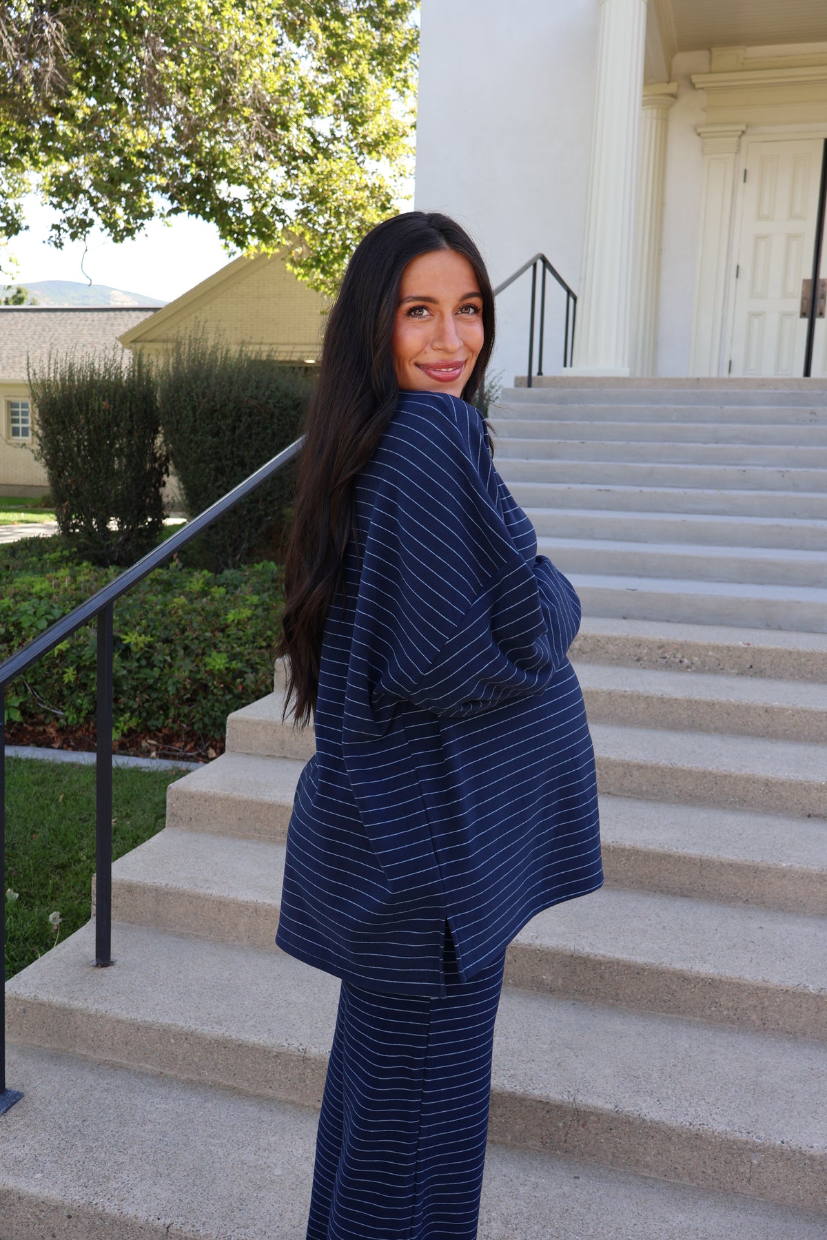 Porter Pinstripe Fleece Pullover in Navy Secondary image
