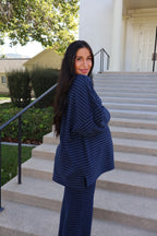 Porter Pinstripe Fleece Pullover in Navy