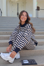 Bennett Stripe Mock Neck Pullover in Navy