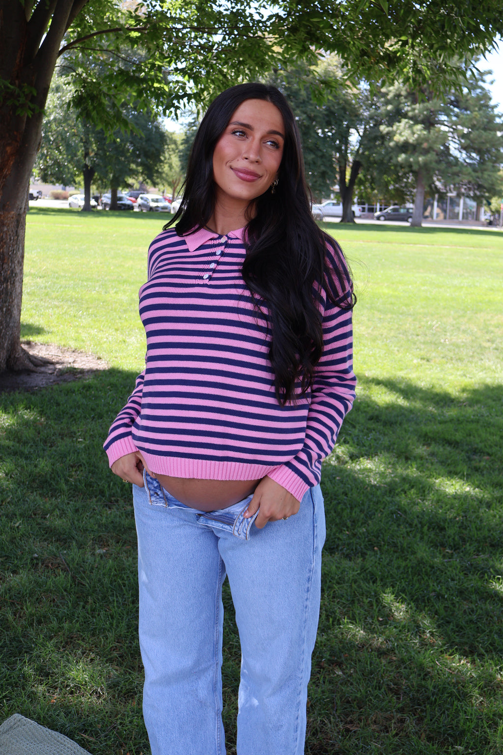 Knit Stripe Polo in Pink