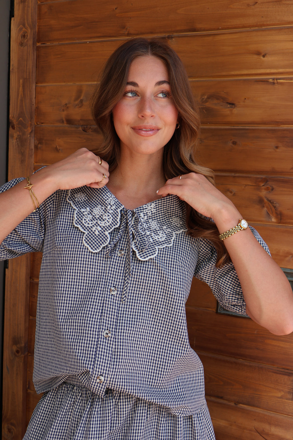 Gingham Embroidered Blouse in Navy