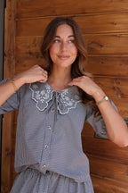 Gingham Embroidered Blouse in Navy
