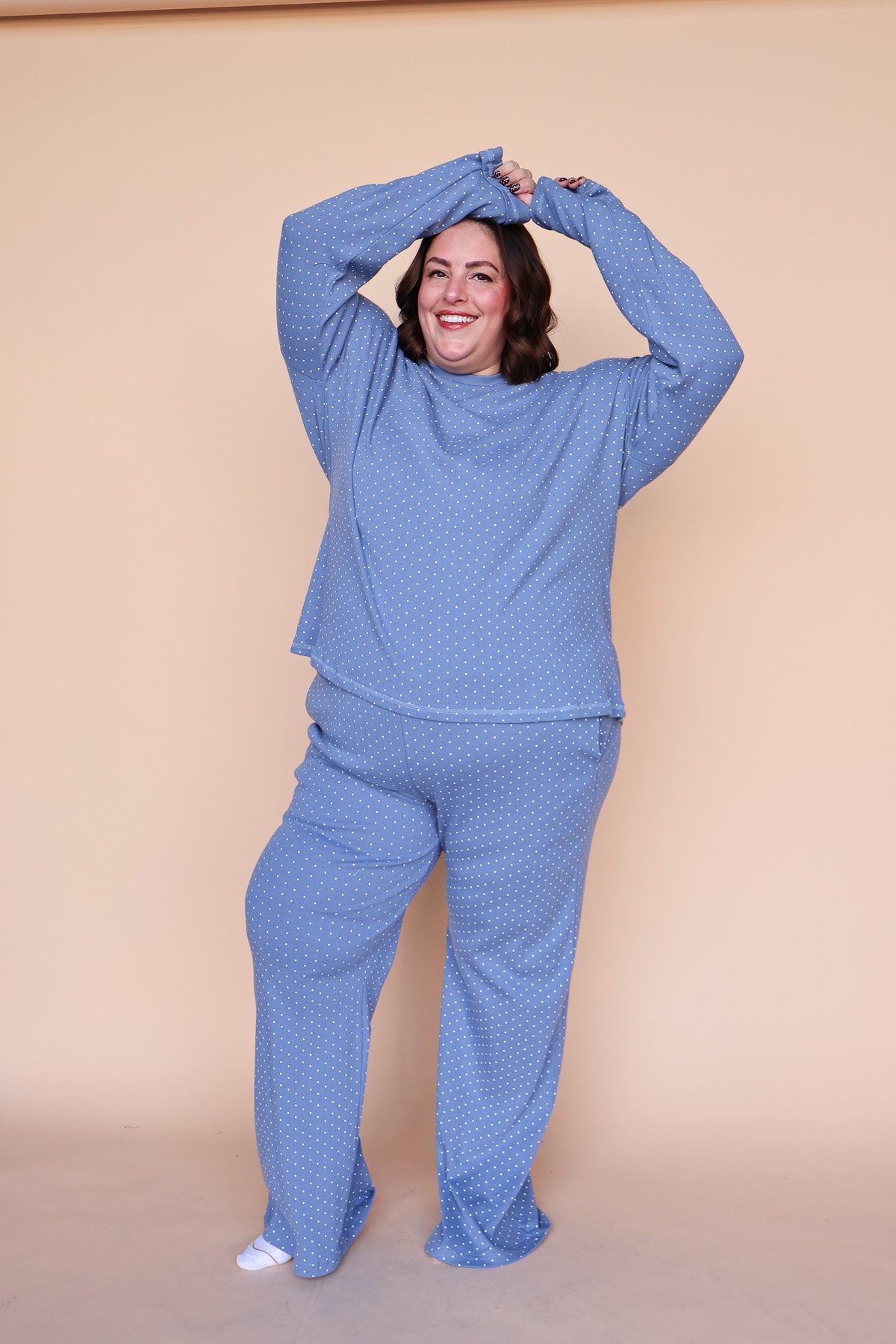 Blaire Polka Dot Pointelle Pants in Dusty Blue