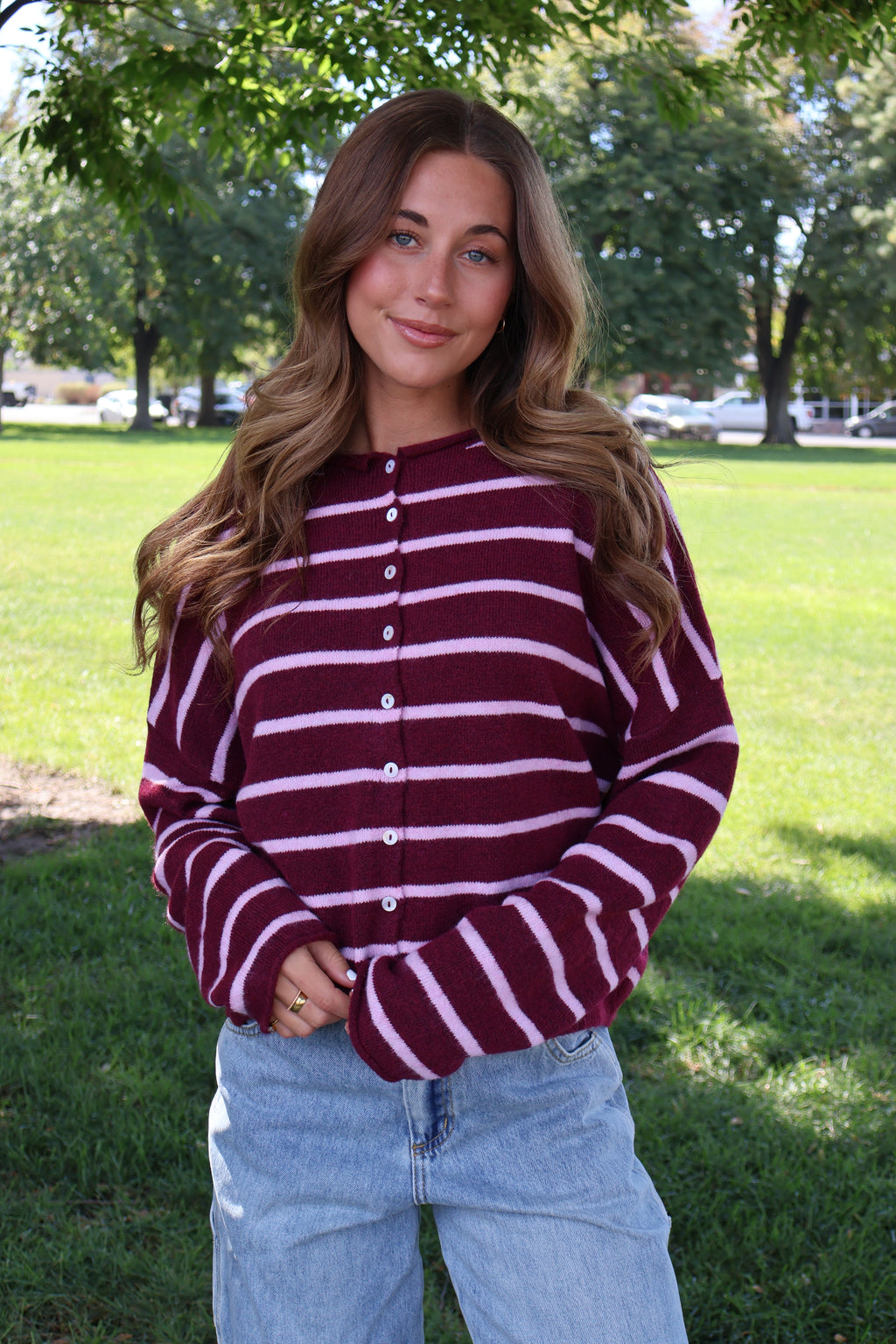 Piper Stripe Cardigan in Wine/Pink