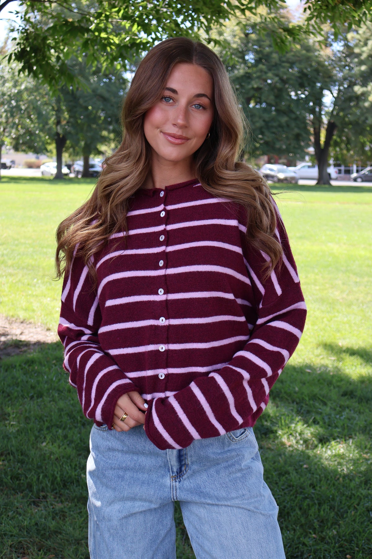 Piper Stripe Cardigan in Wine/Pink