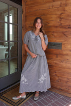 Gingham Embroidered Blouse in Navy