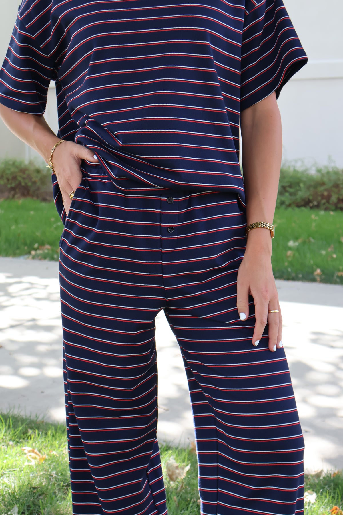 Terry Stripe Pants in Navy