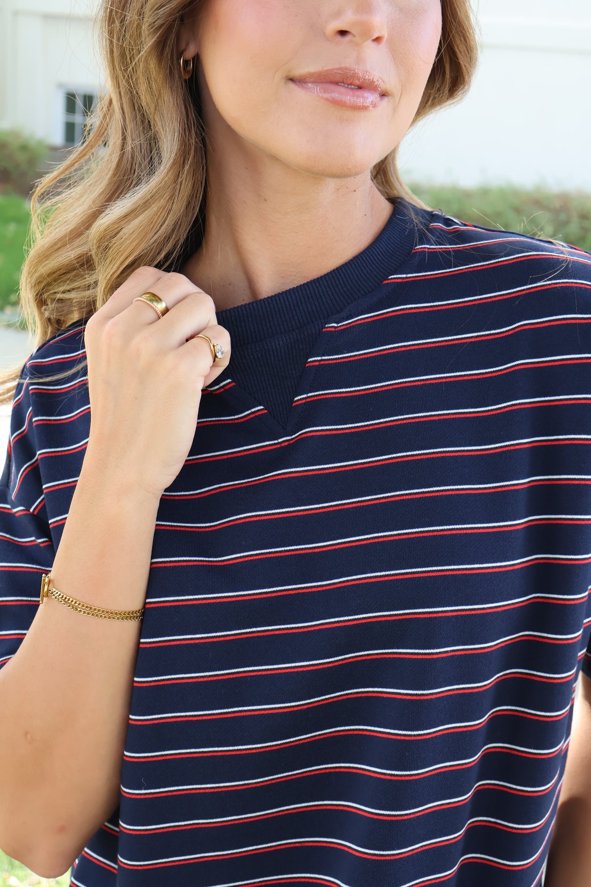 Terry Stripe Tee in Navy