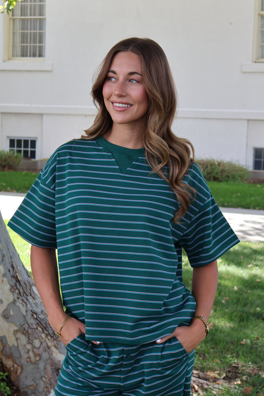 Terry Stripe Tee in Hunter Green
