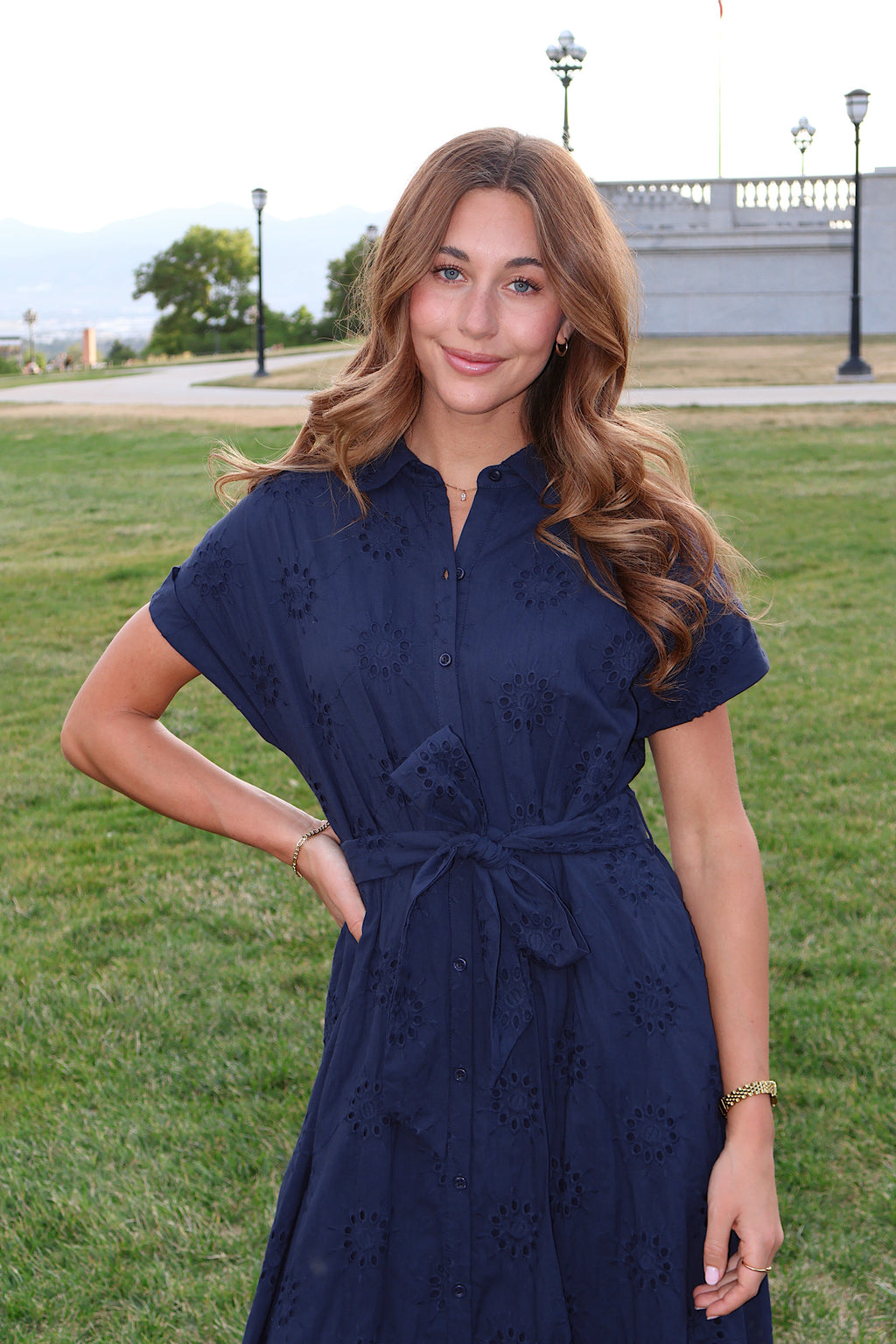Liv Eyelet Dress in Navy