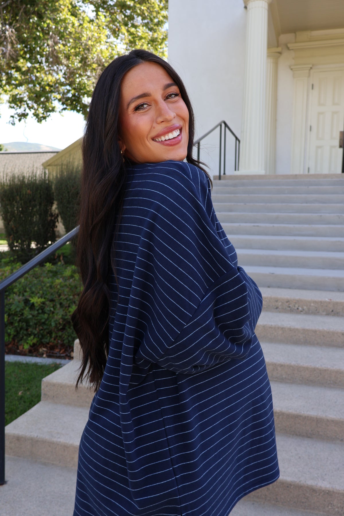 Porter Pinstripe Fleece Pullover in Navy