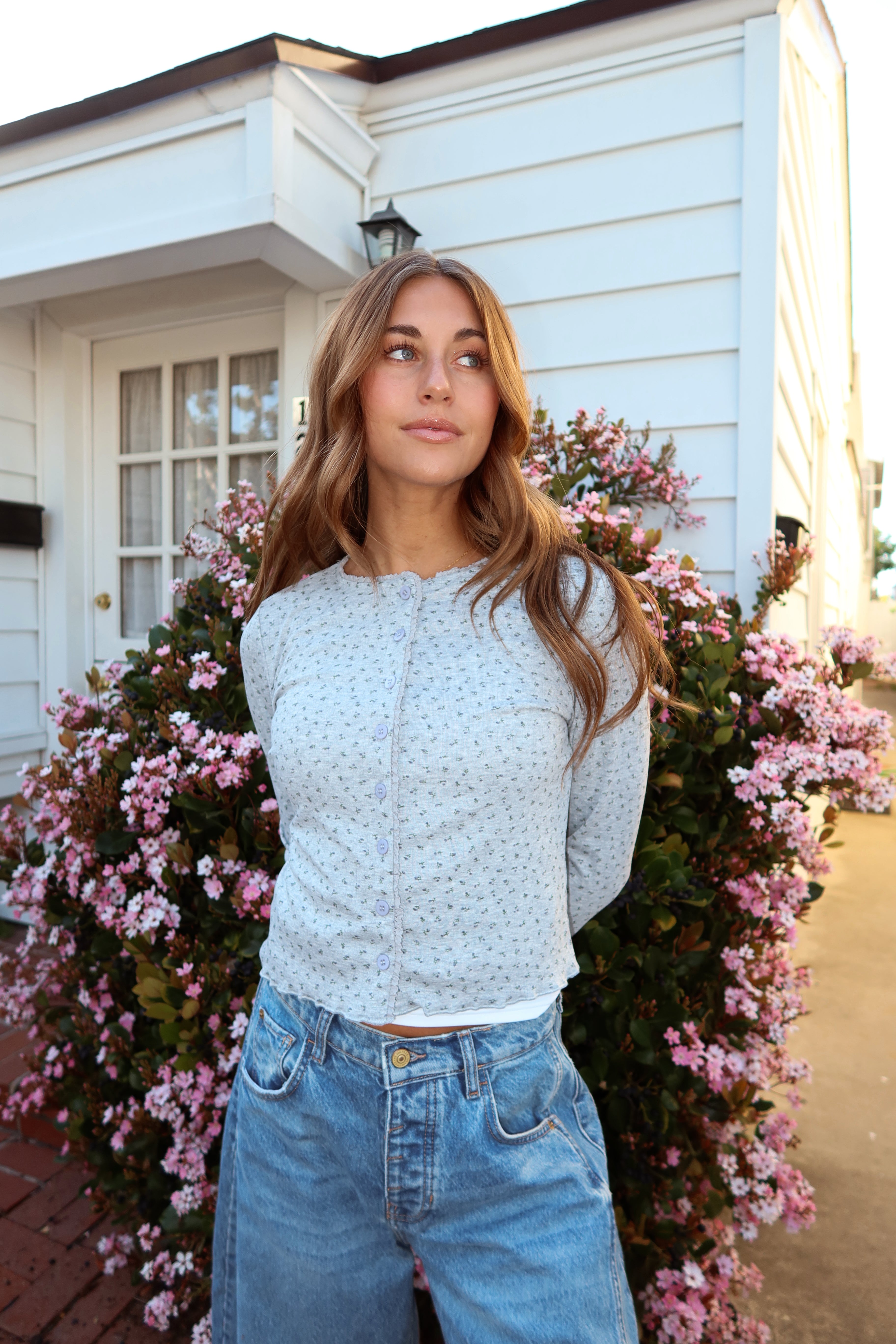 Allie Pointelle Knit Top in Grey Secondary image