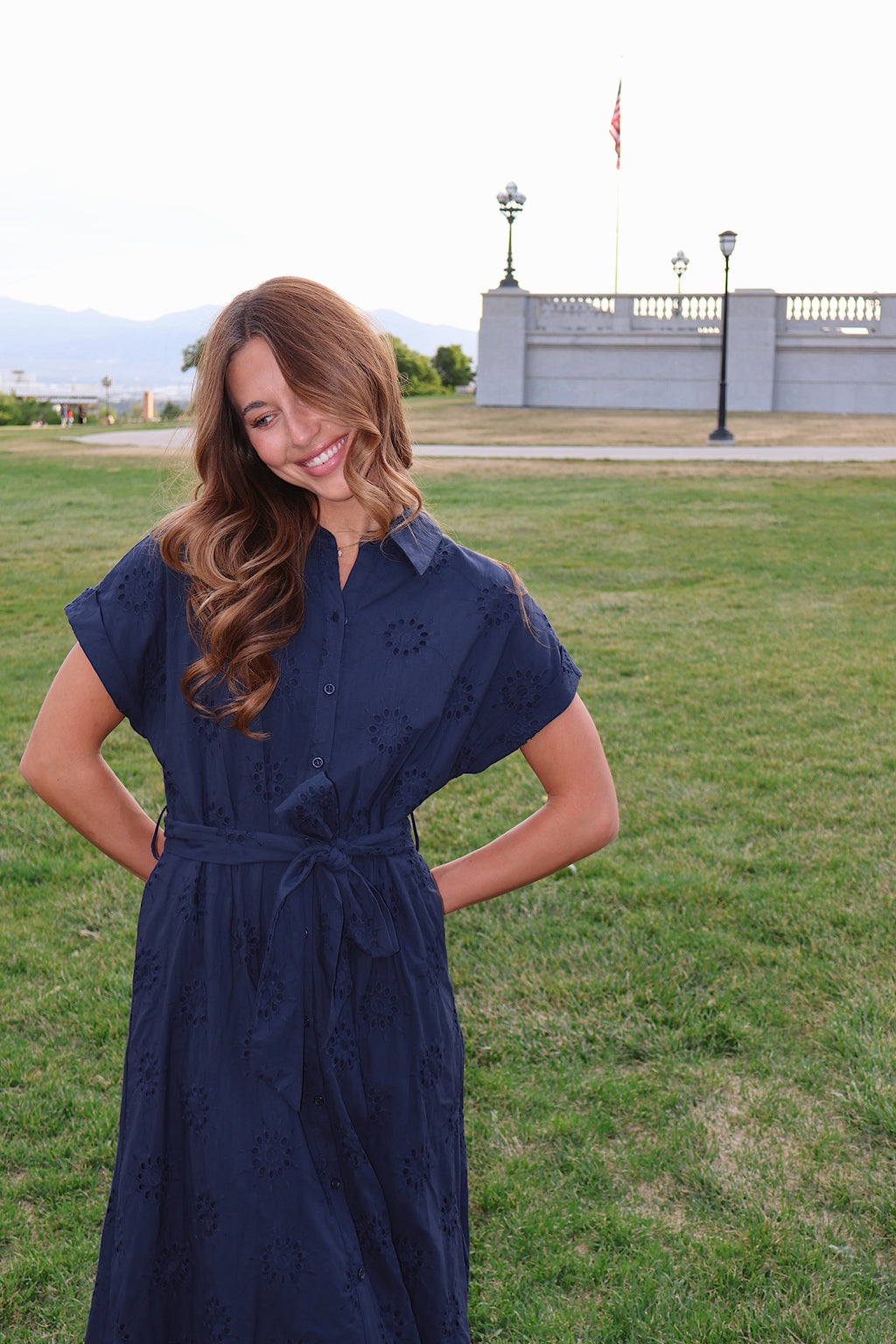 Liv Eyelet Dress in Navy