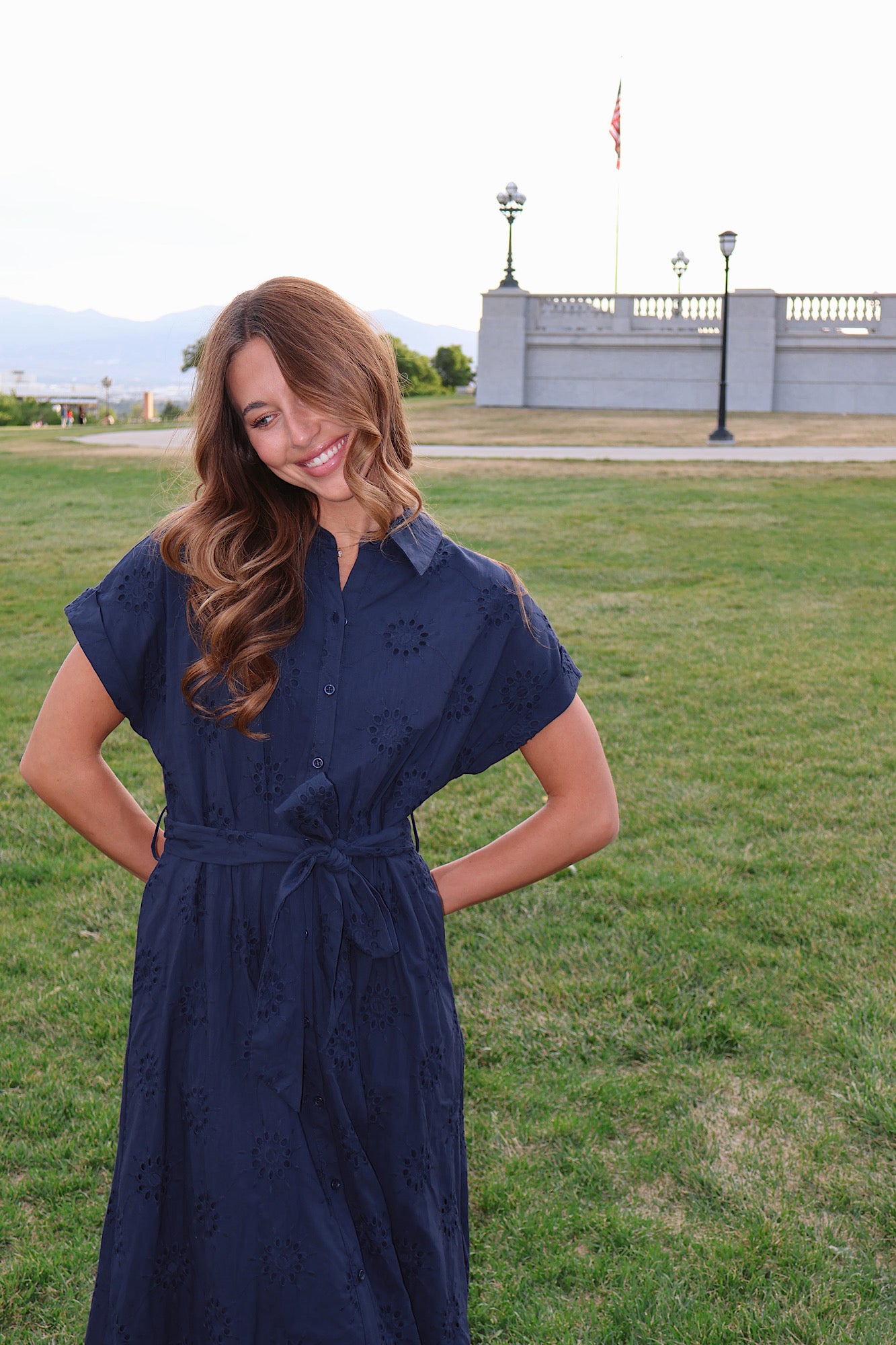 Liv Eyelet Dress in Navy