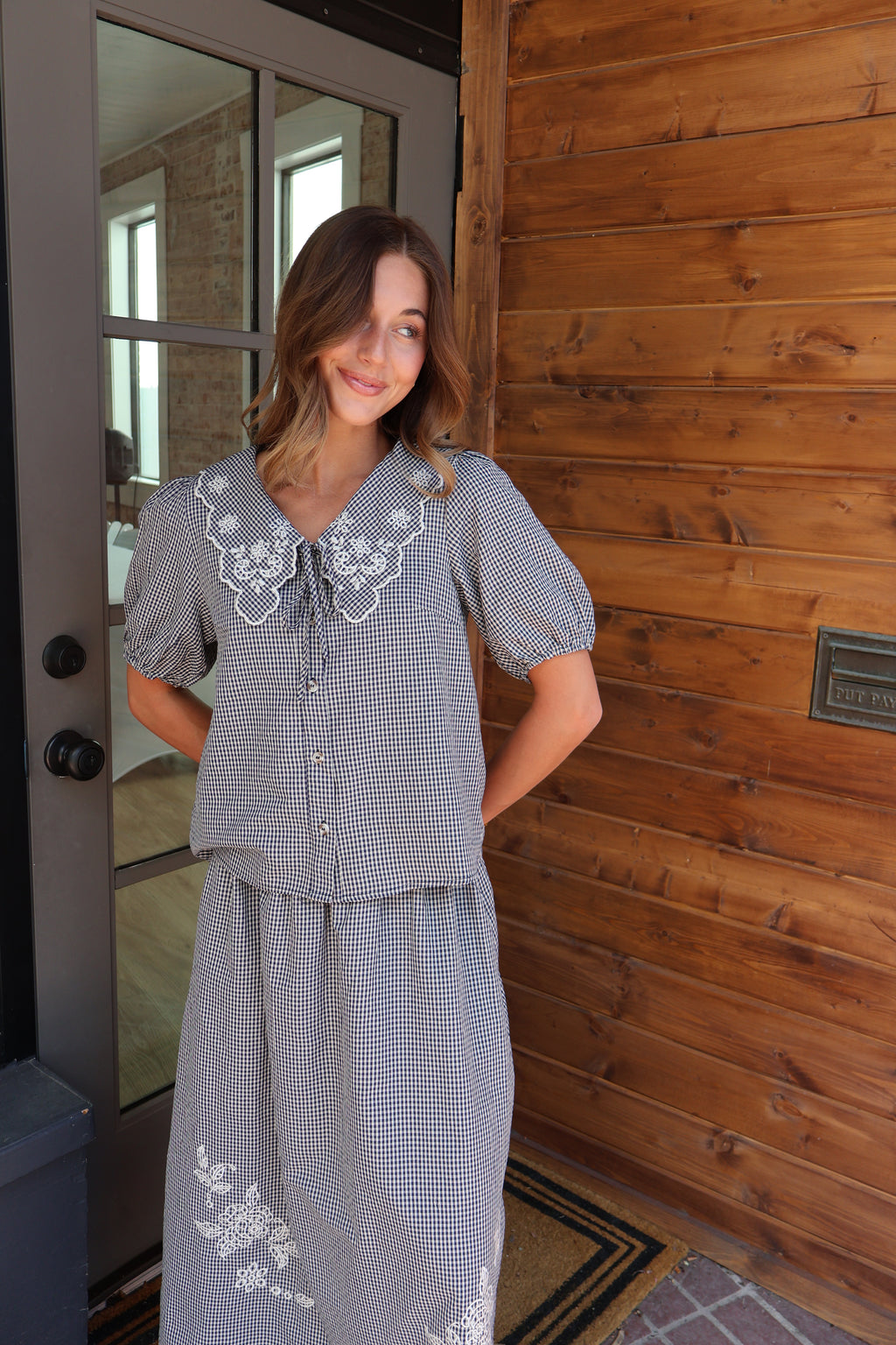Gingham Embroidered Blouse in Navy