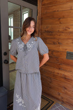 Gingham Embroidered Blouse in Navy