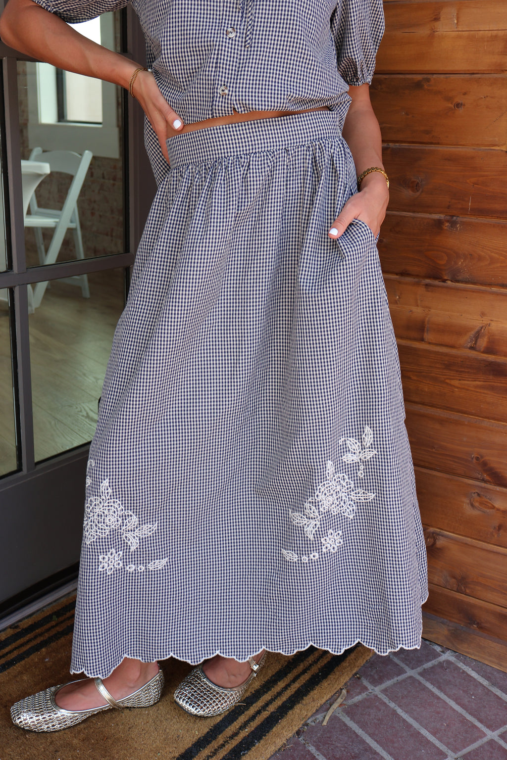 Gingham Embroidered Skirt in Navy