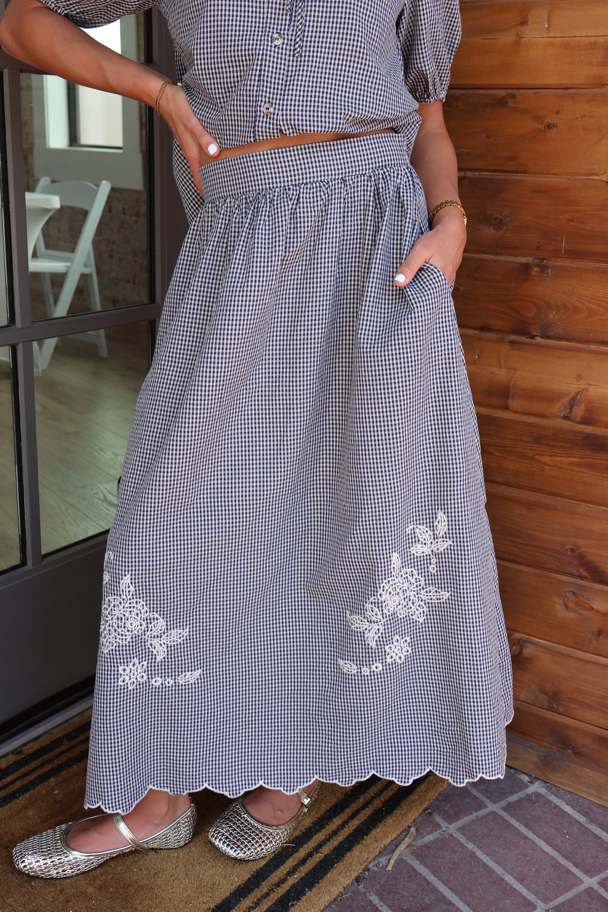 Gingham Embroidered Skirt in Navy