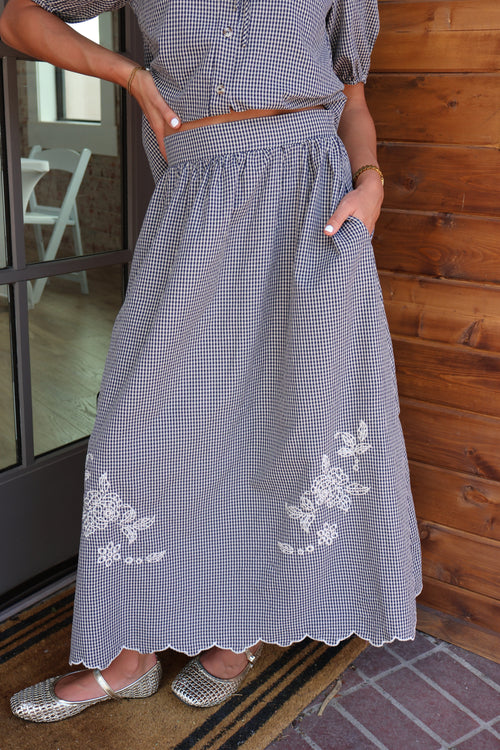 Gingham Embroidered Skirt in Navy