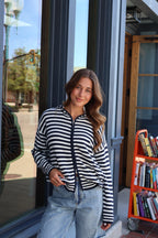 Zip Up Stripe Hoodie in Navy