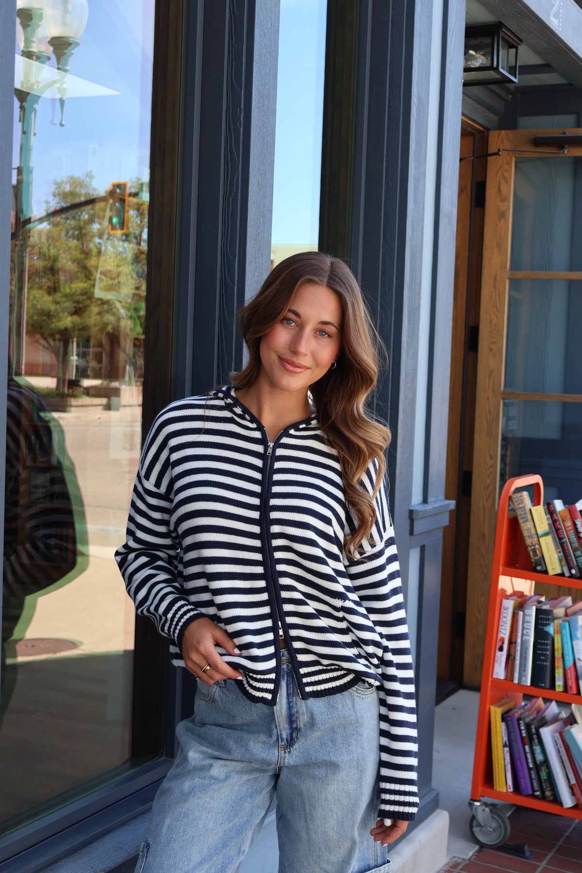Zip Up Stripe Hoodie in Navy