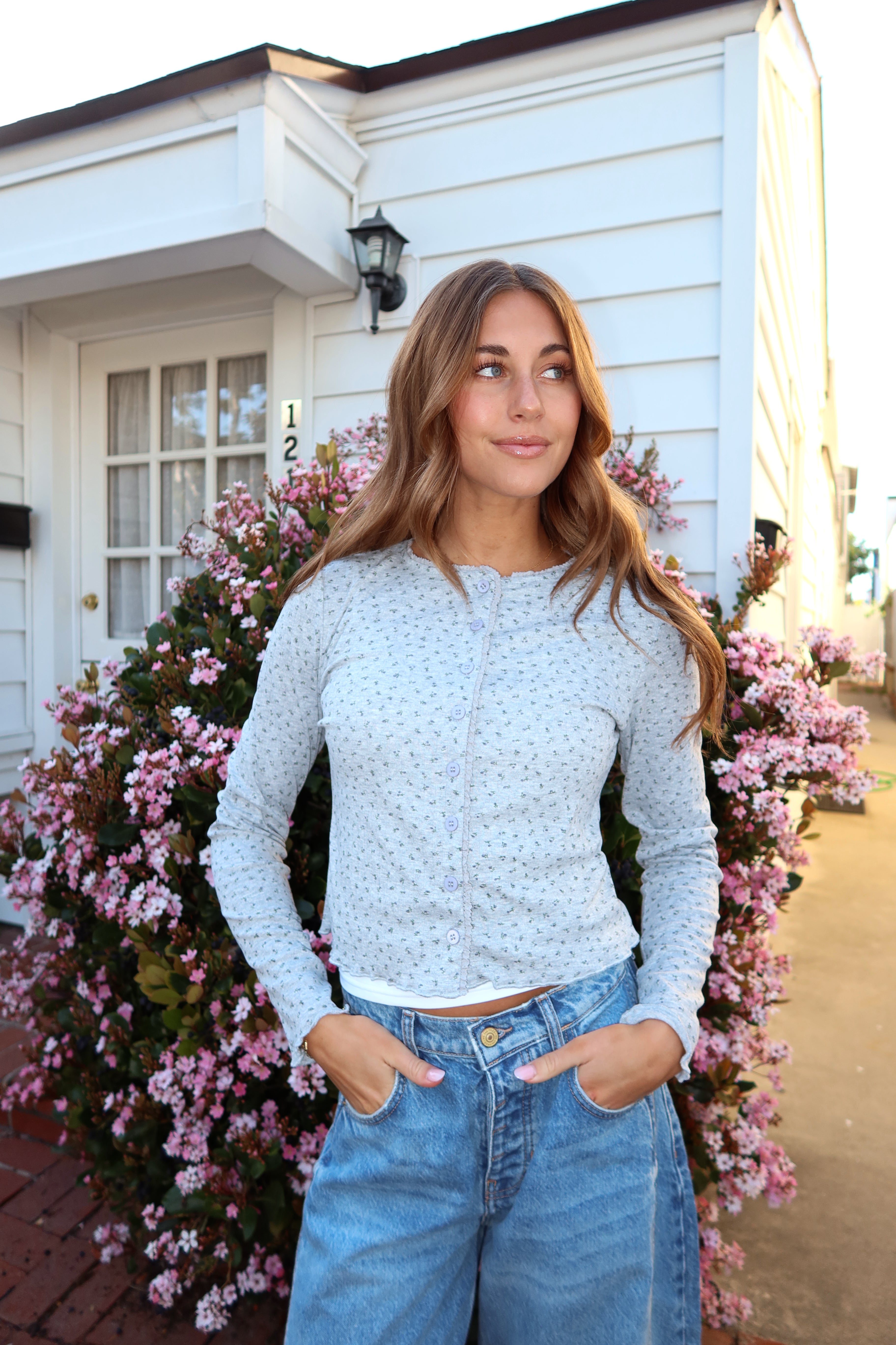 Allie Pointelle Knit Top in Grey Main image