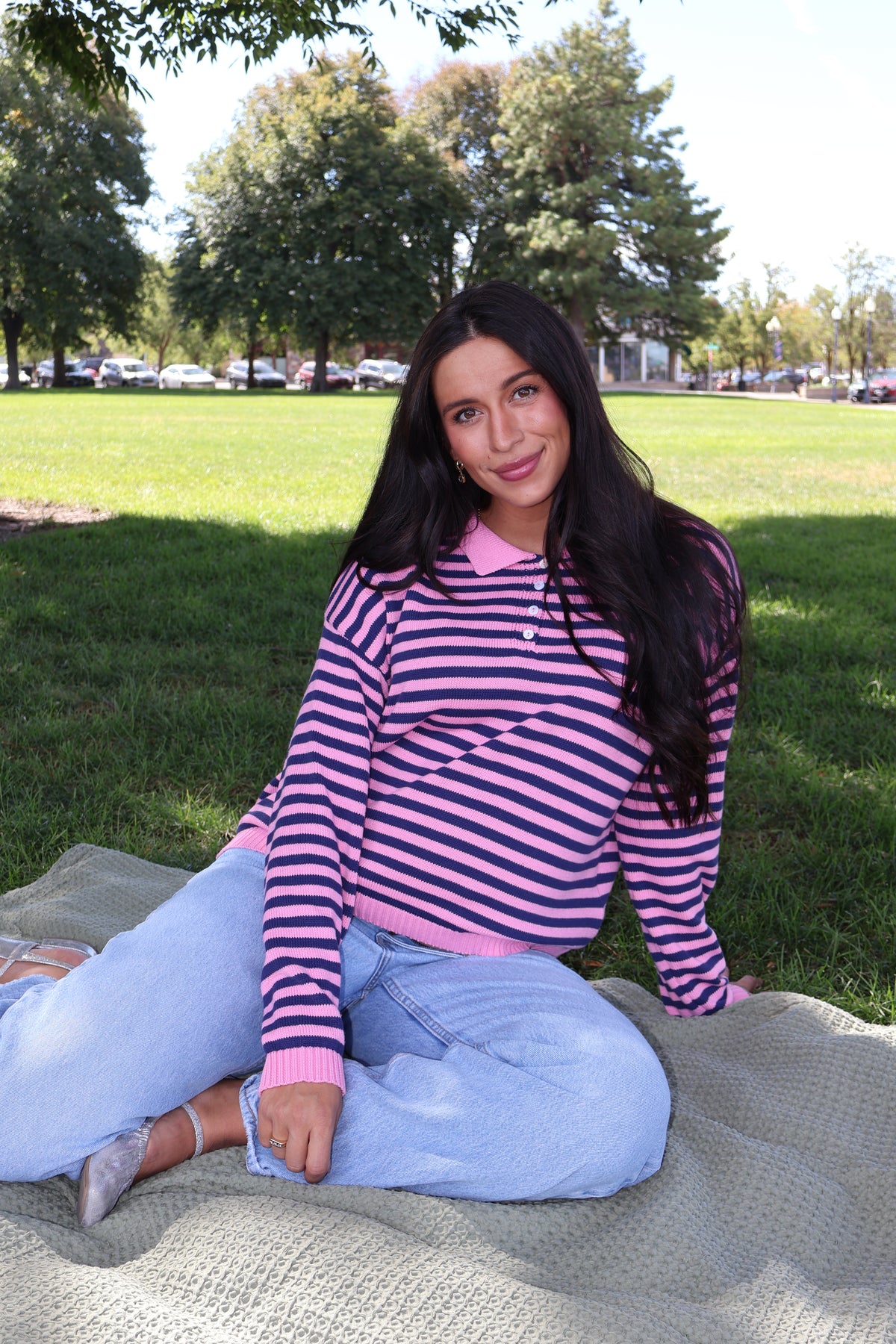 Knit Stripe Polo in Pink Main image