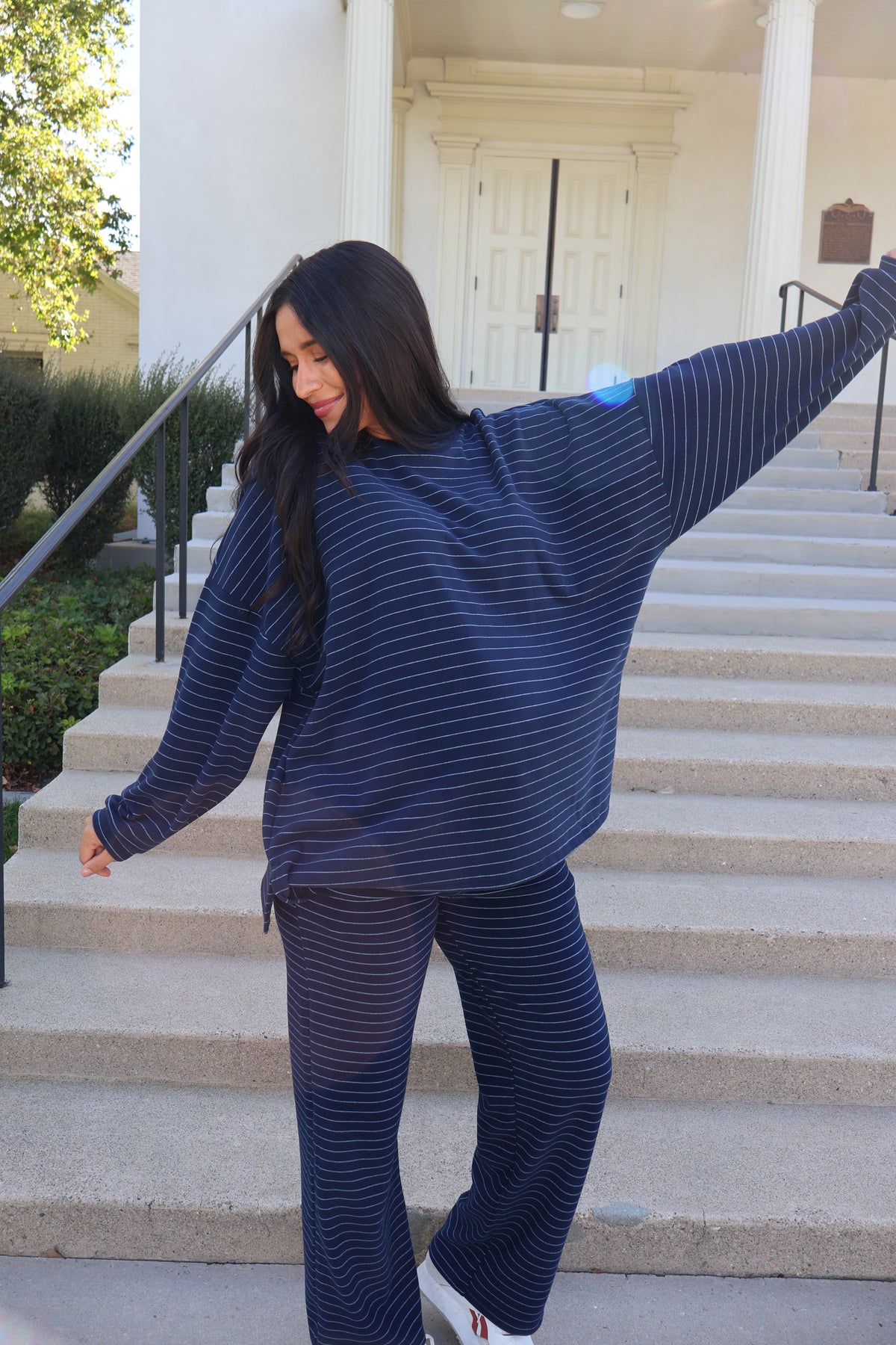 Porter Pinstripe Fleece Pullover in Navy Main image