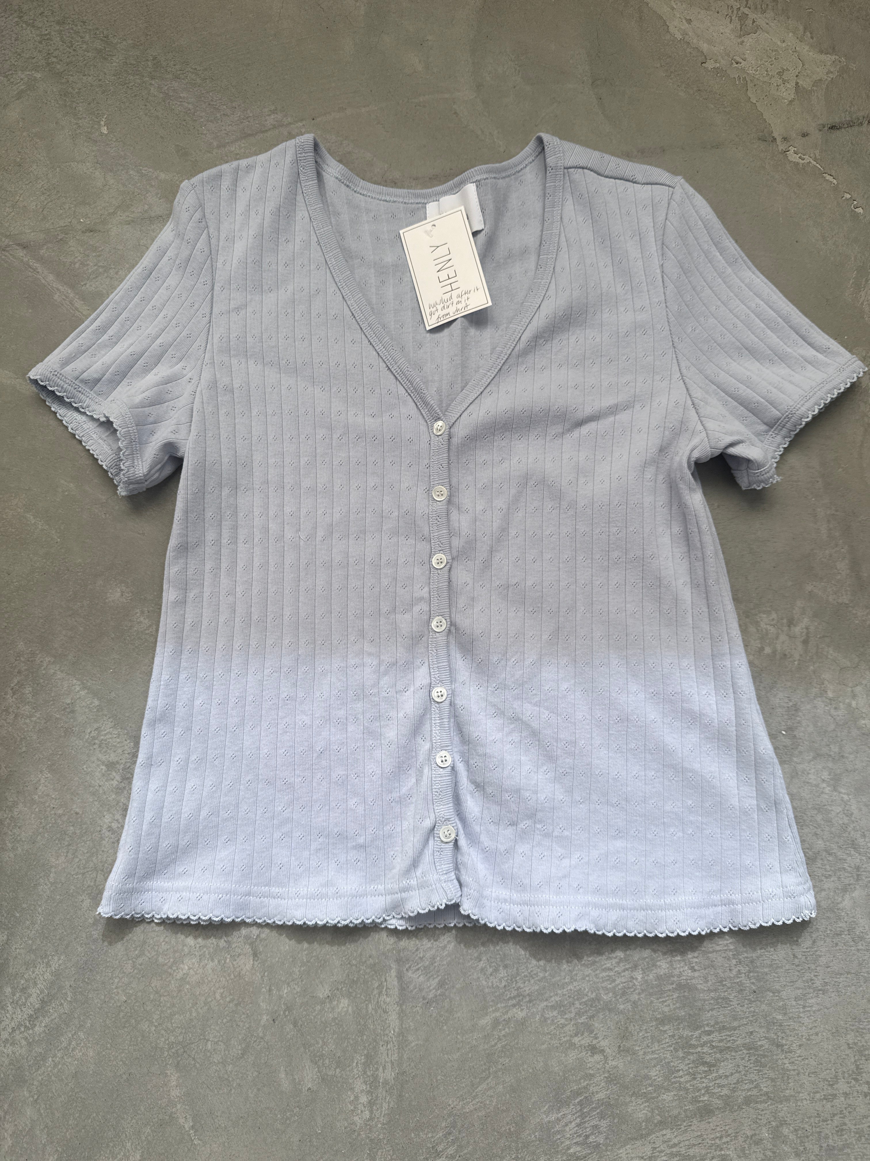 FINAL SALE - FLAWED Leslie Pointelle V-Neck Tee Dusty Blue - Small