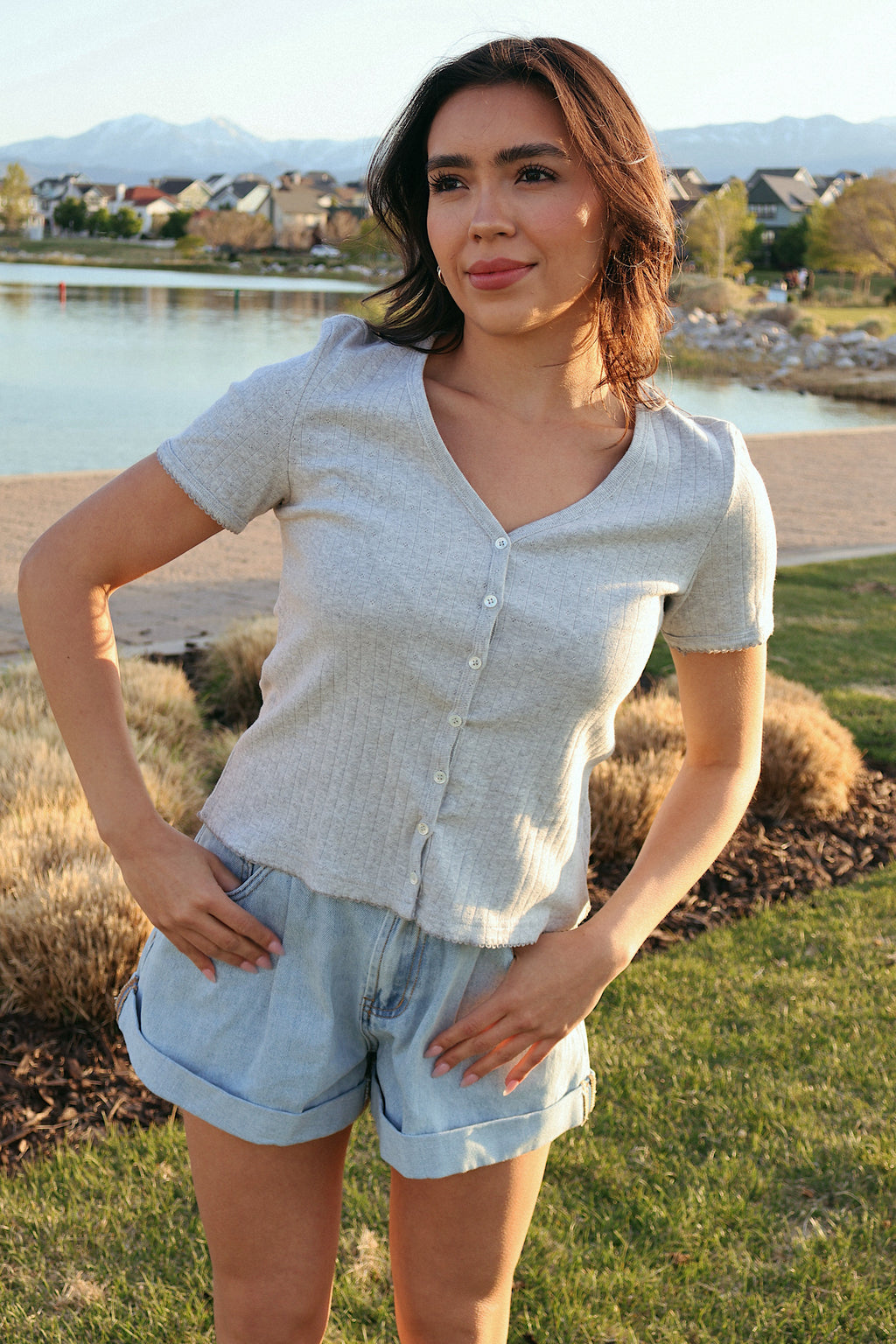 Leslie Pointelle V-Neck Tee