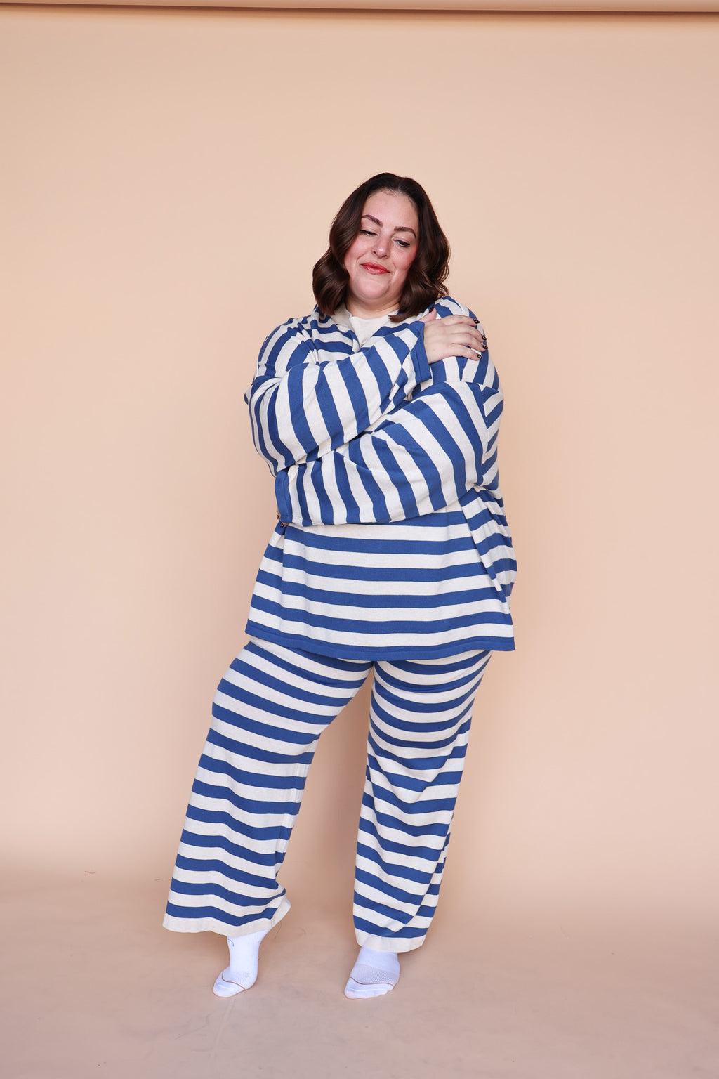 Gigi Stripe Knit Sweater in Dusty Blue/Cream