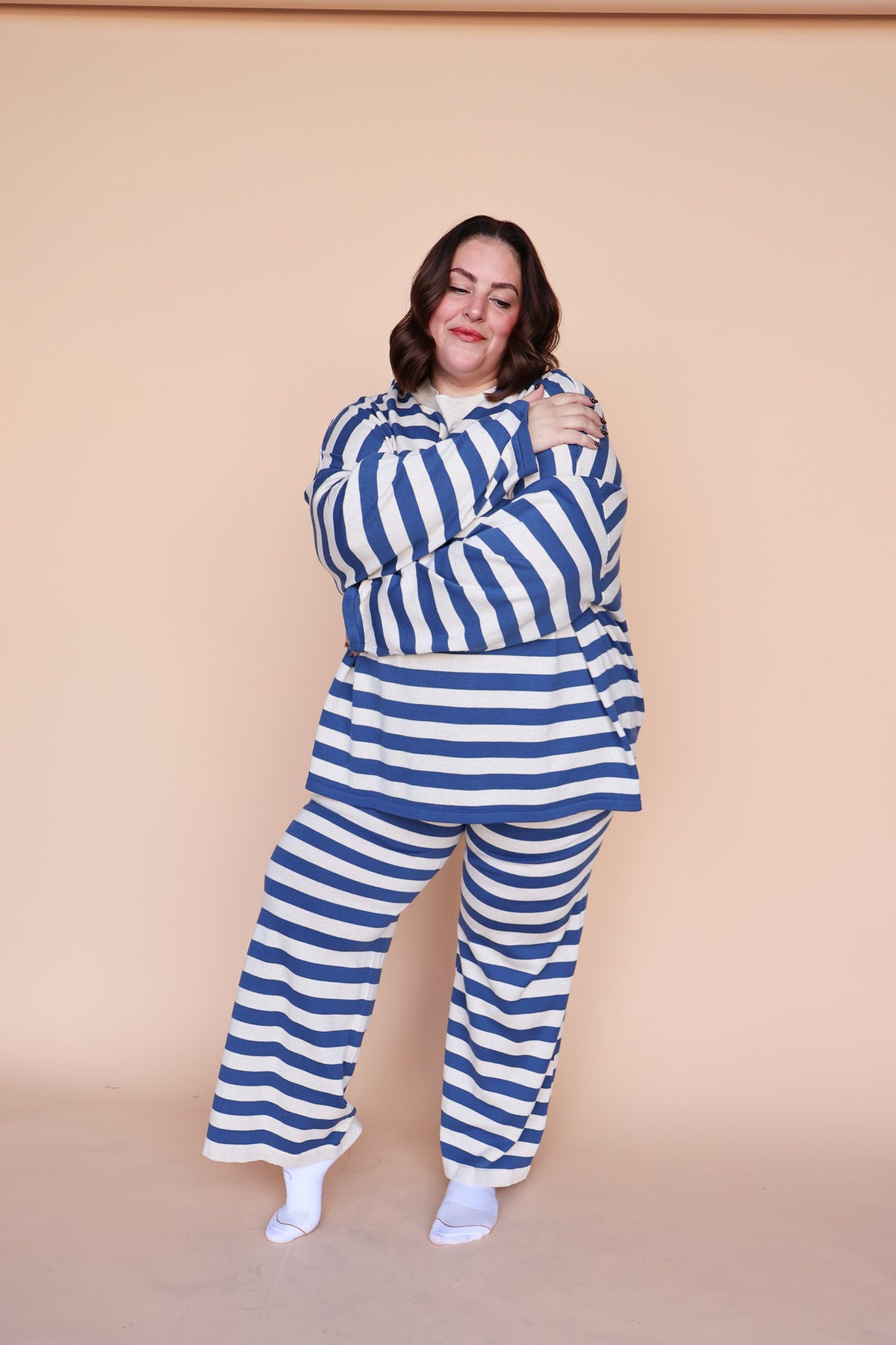 Gigi Stripe Knit Sweater in Dusty Blue/Cream
