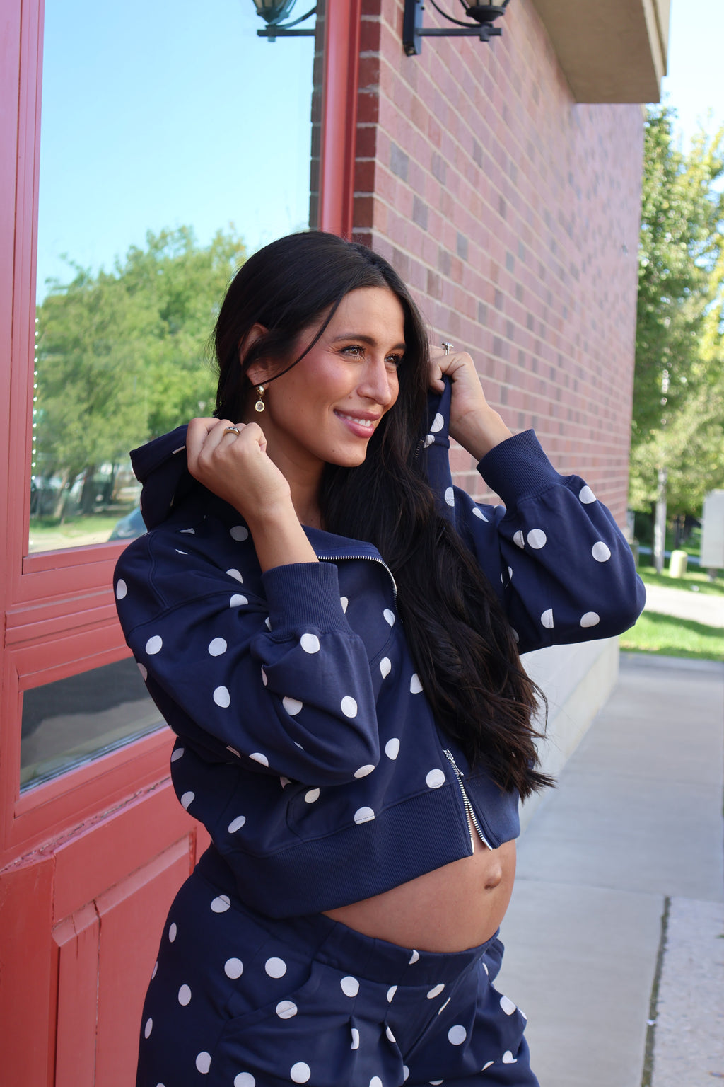 Polka Dot Zip Up Hoodie In Navy