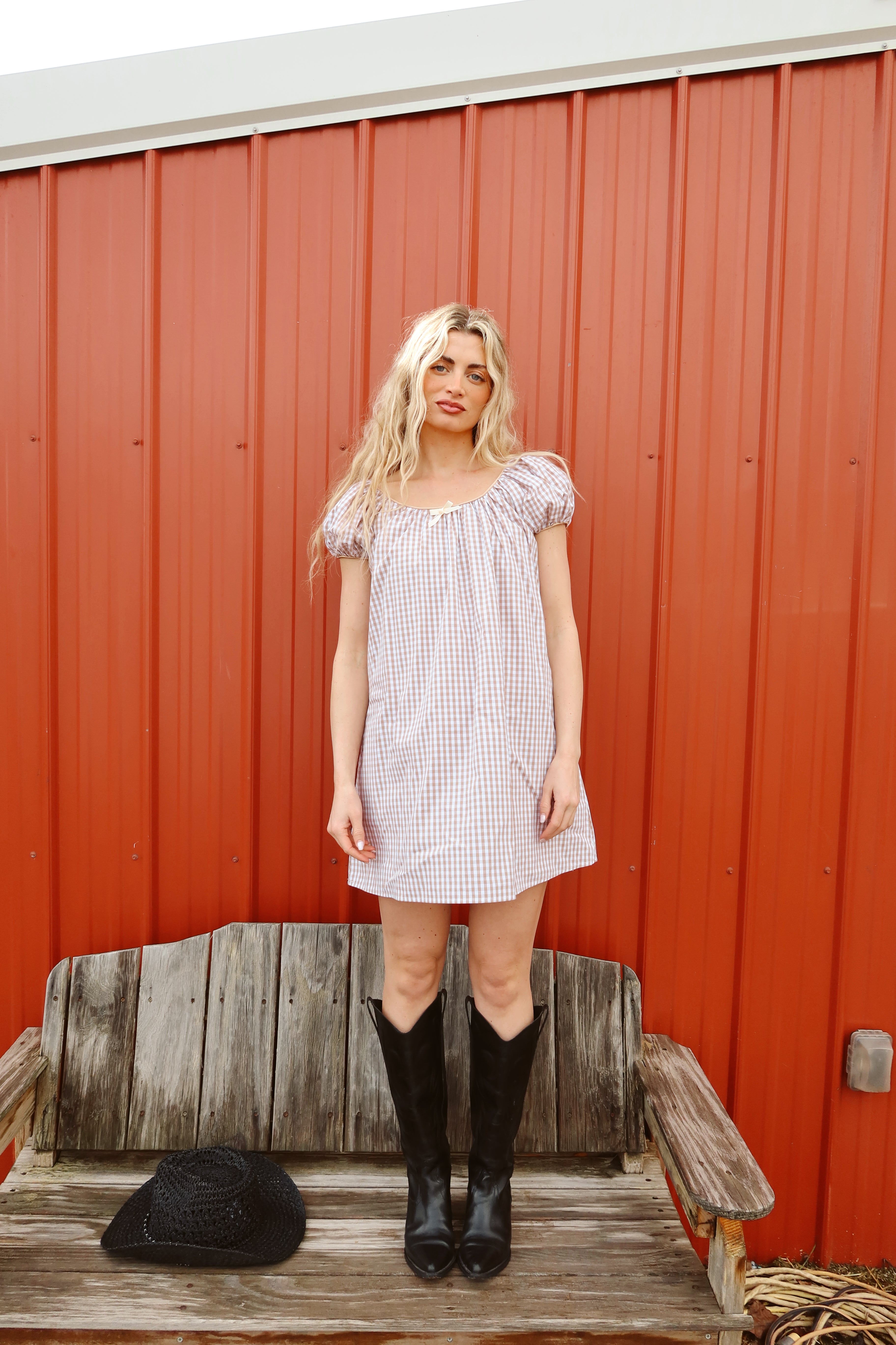 Aspyn Gingham Babydoll in Warm Oat Henly Aspyn Gingham Babydoll in Warm Oat Henly