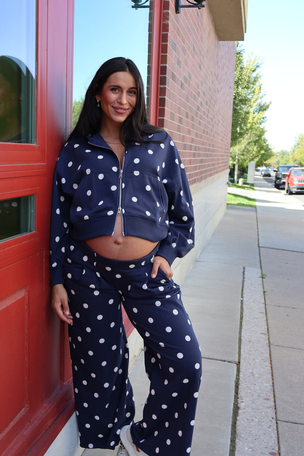 Polka Dot Zip Up Hoodie In Navy