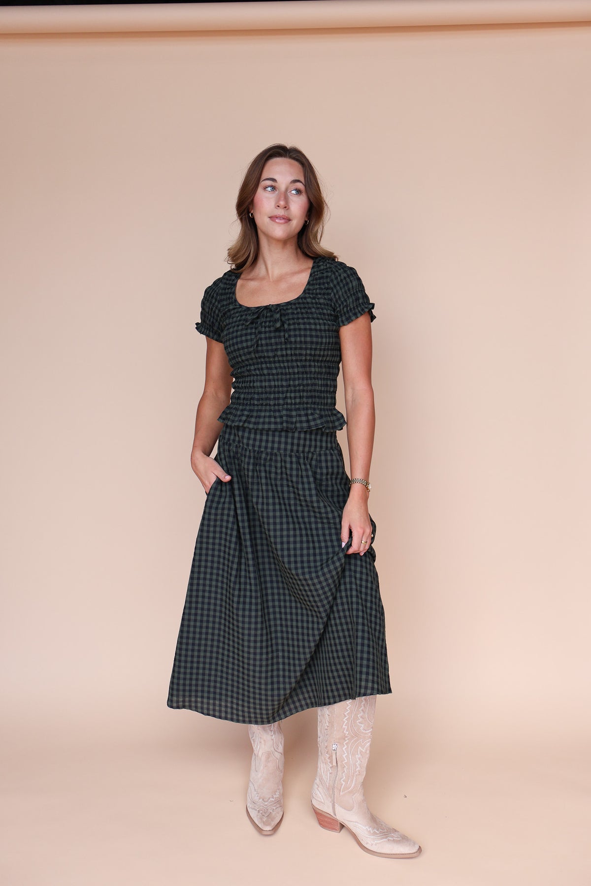Hattie Gingham Skirt in Dark Olive
