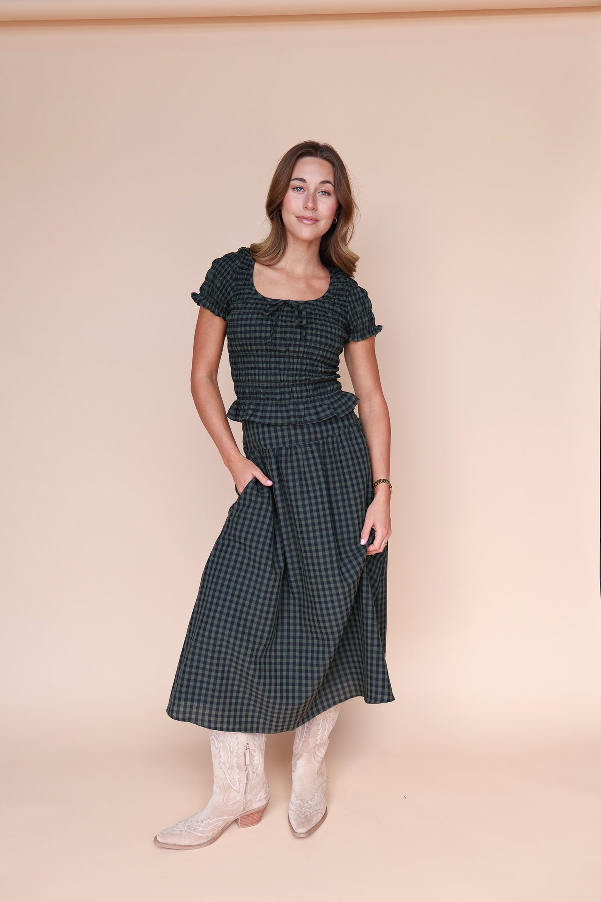 Hattie Gingham Blouse in Dark Olive