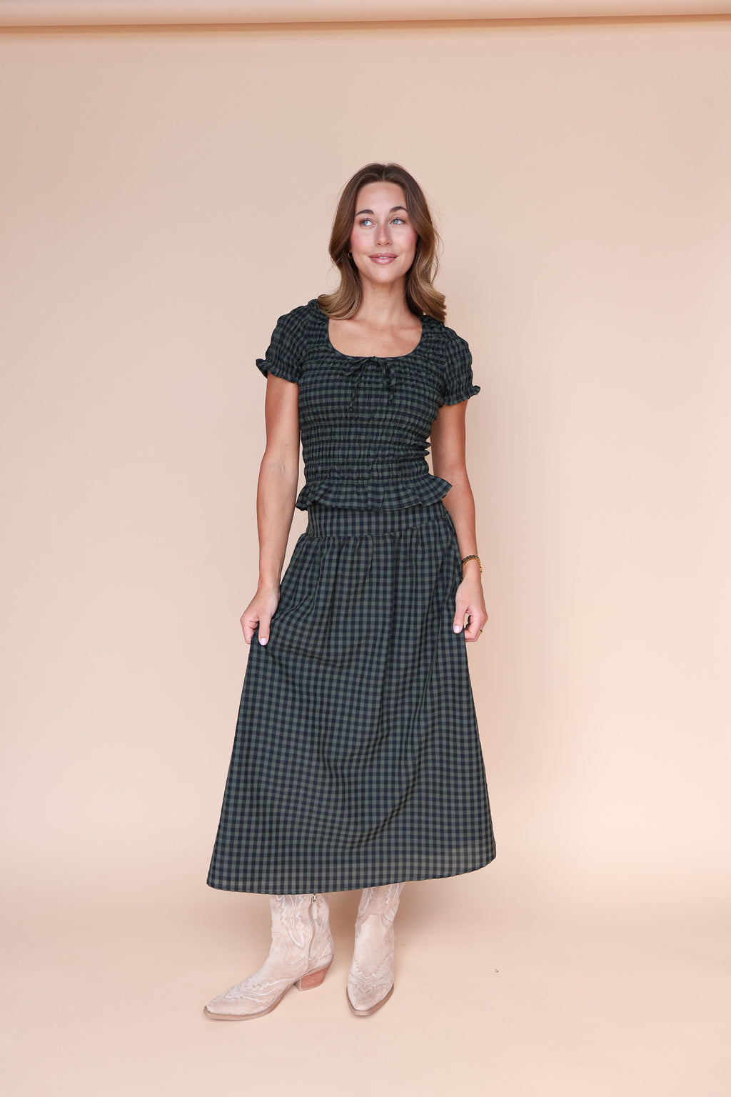 Hattie Gingham Blouse in Dark Olive