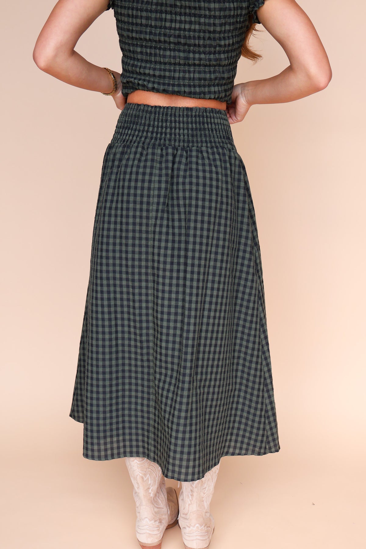 Hattie Gingham Skirt in Dark Olive