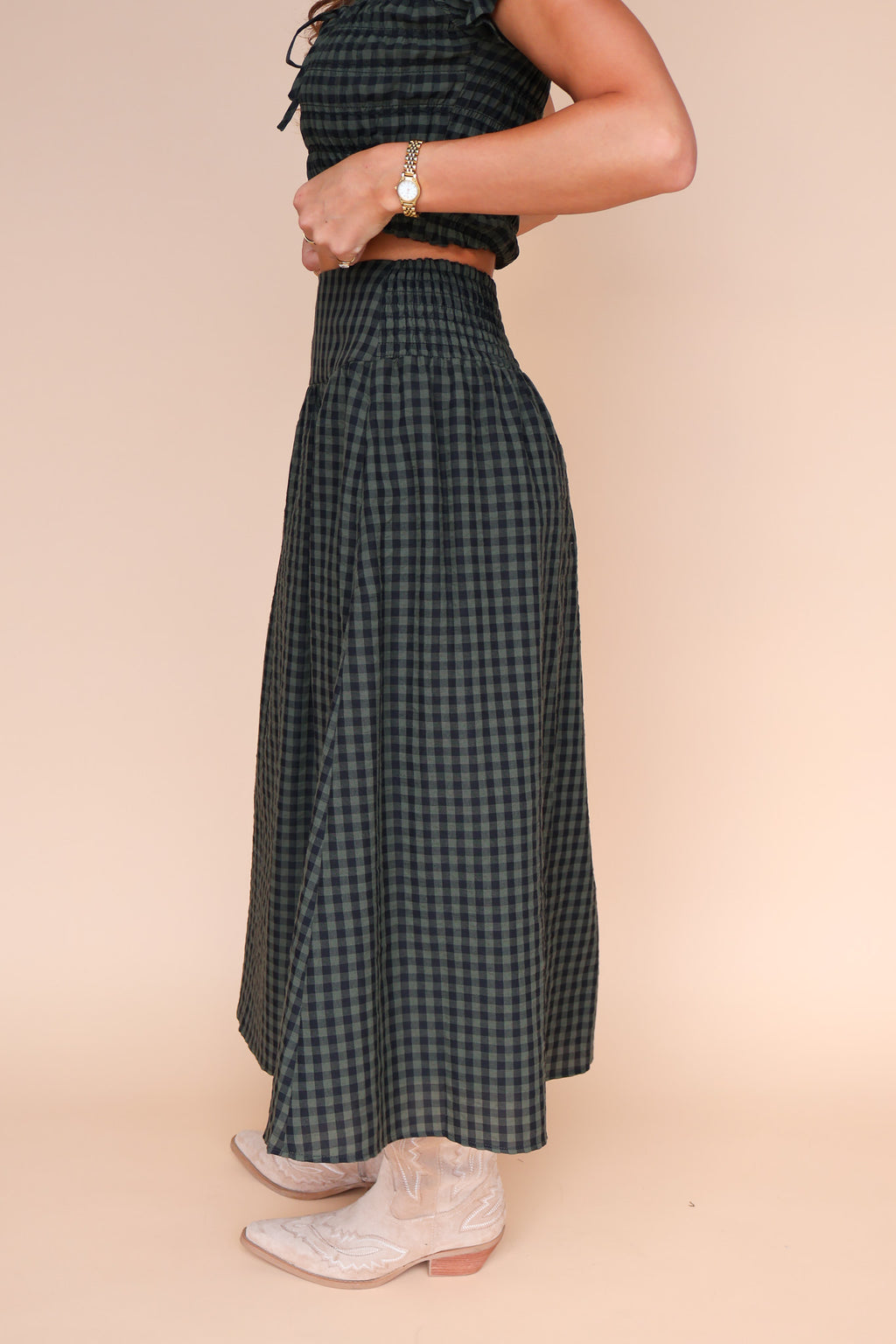 Hattie Gingham Skirt in Dark Olive