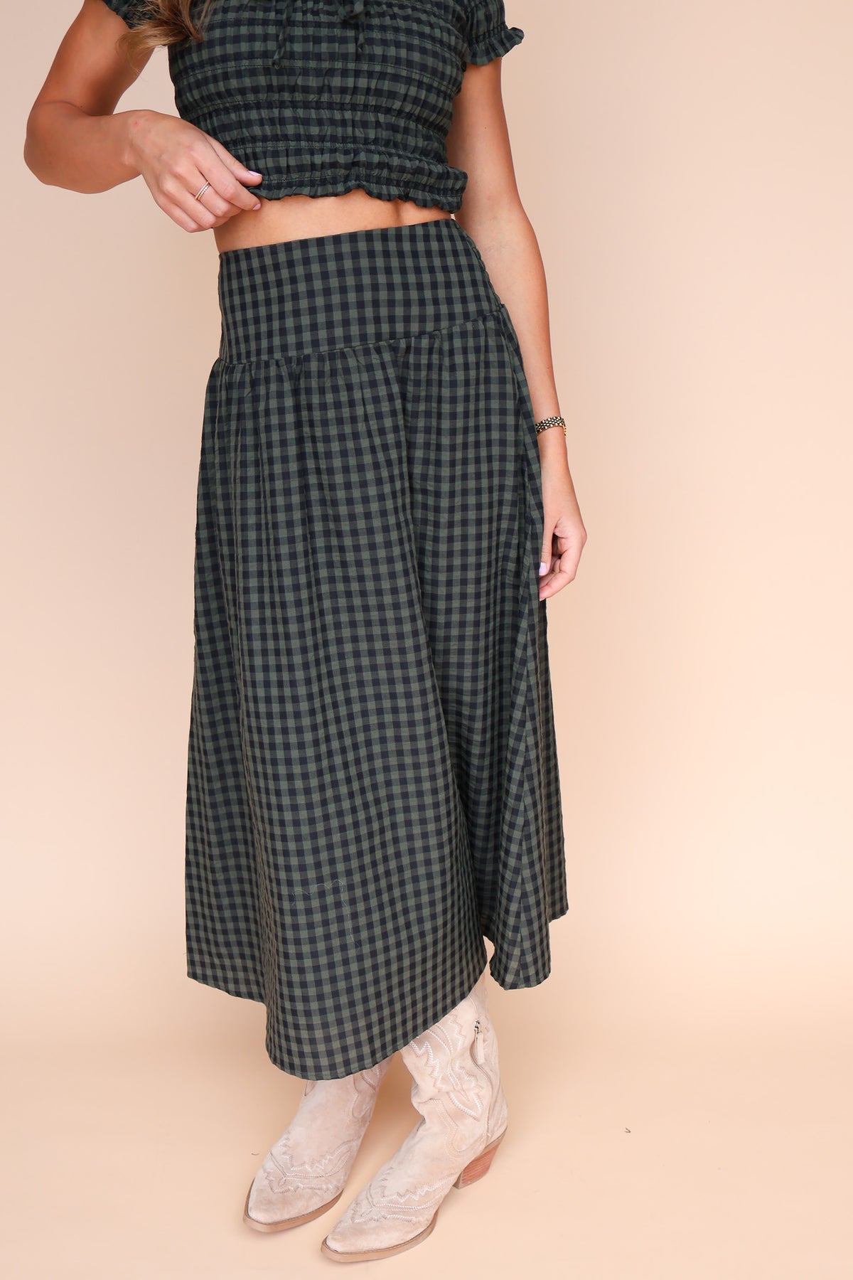 Hattie Gingham Skirt in Dark Olive Main image