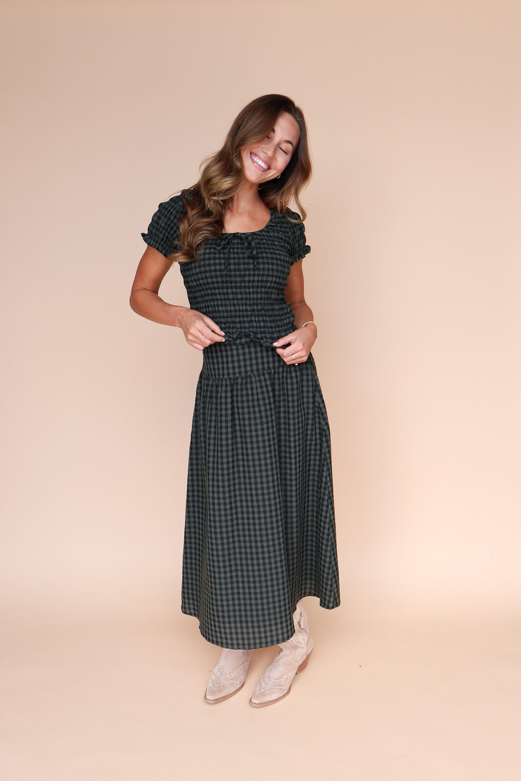 Hattie Gingham Skirt in Dark Olive